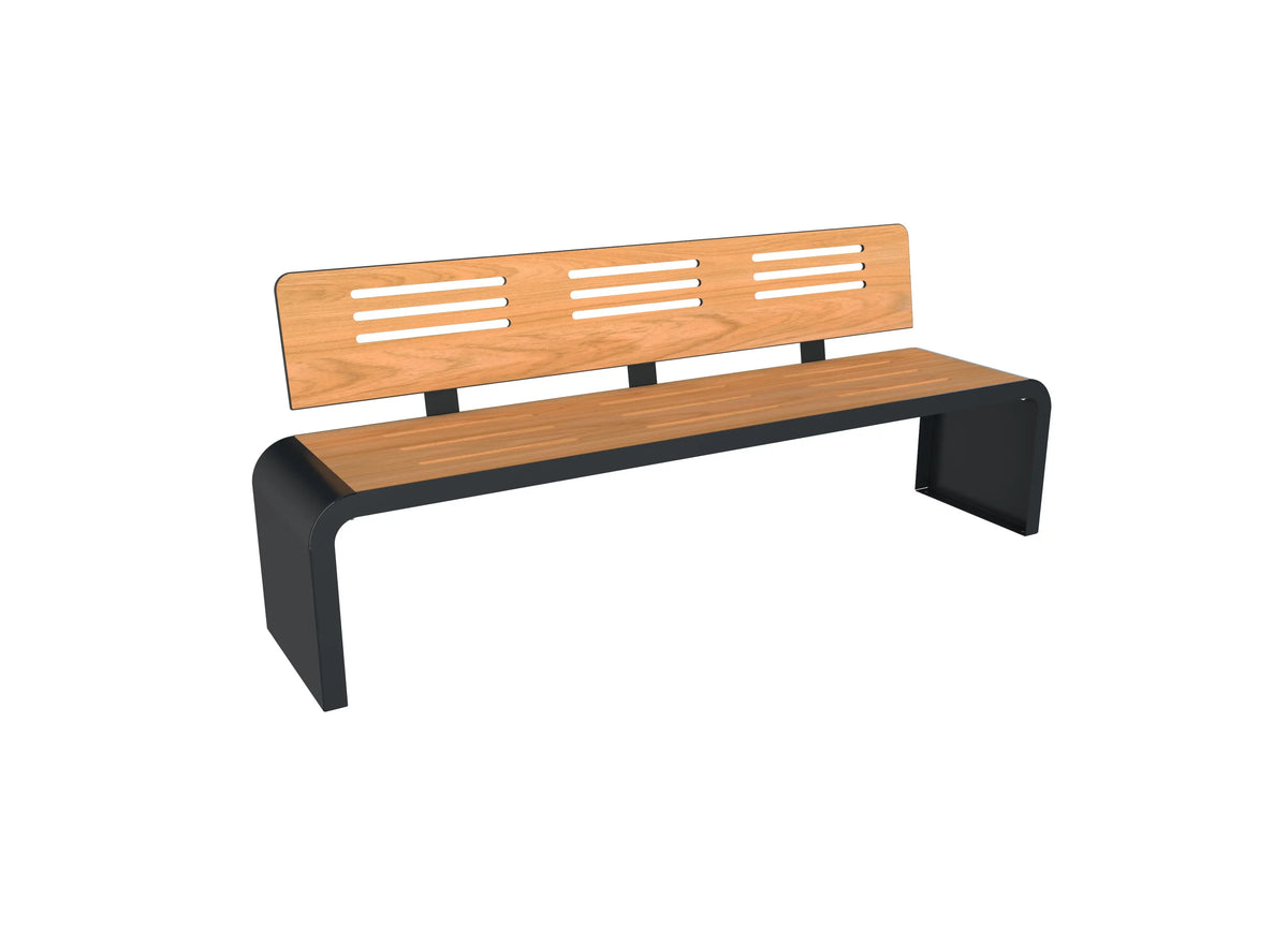 Banc 3 places en compact perforé aspect teck, boucle en acier roulé gris anthracite