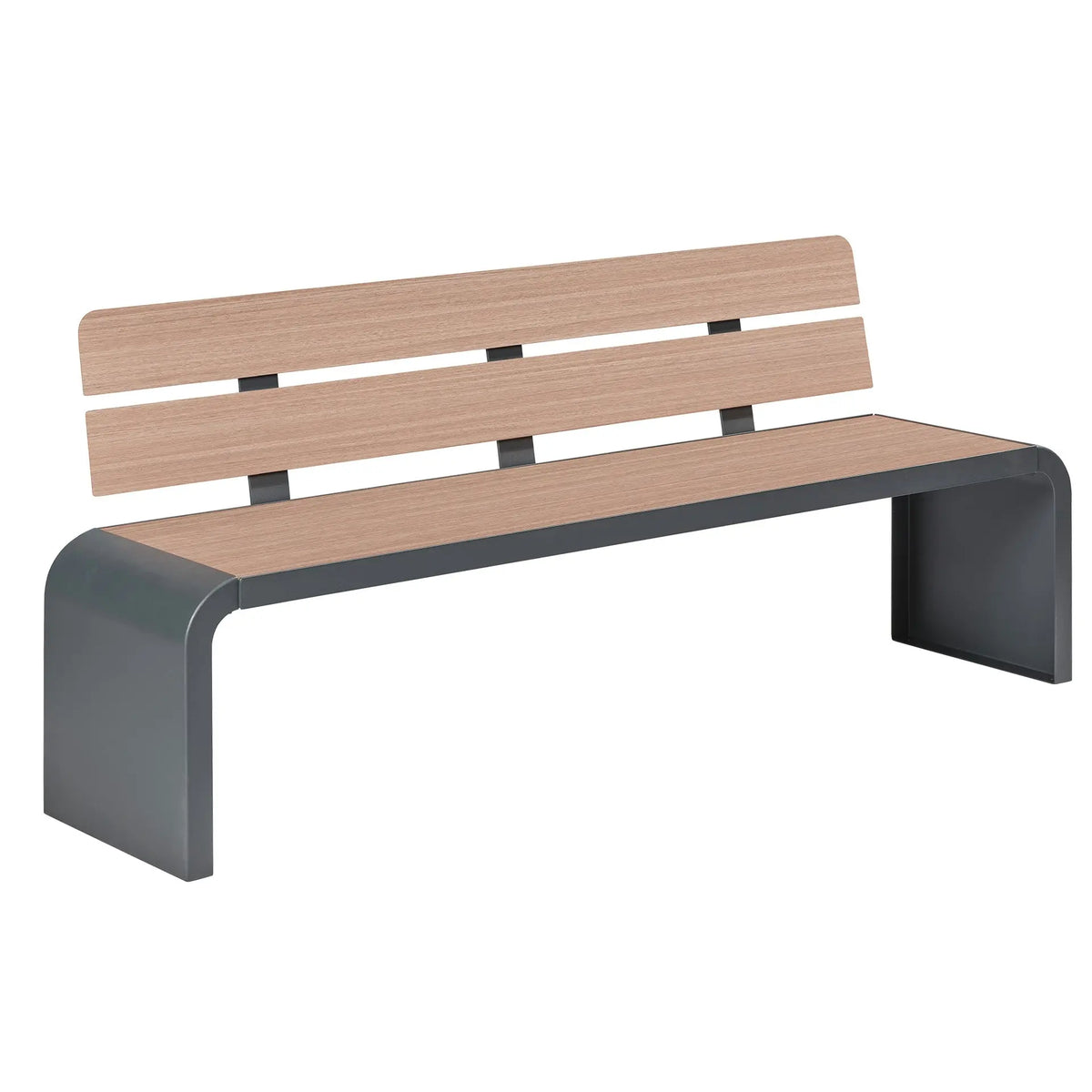 Banc New York 3 places, assise pleine et dossier à lames en compact chêne clair, pied acier roulé anthracite