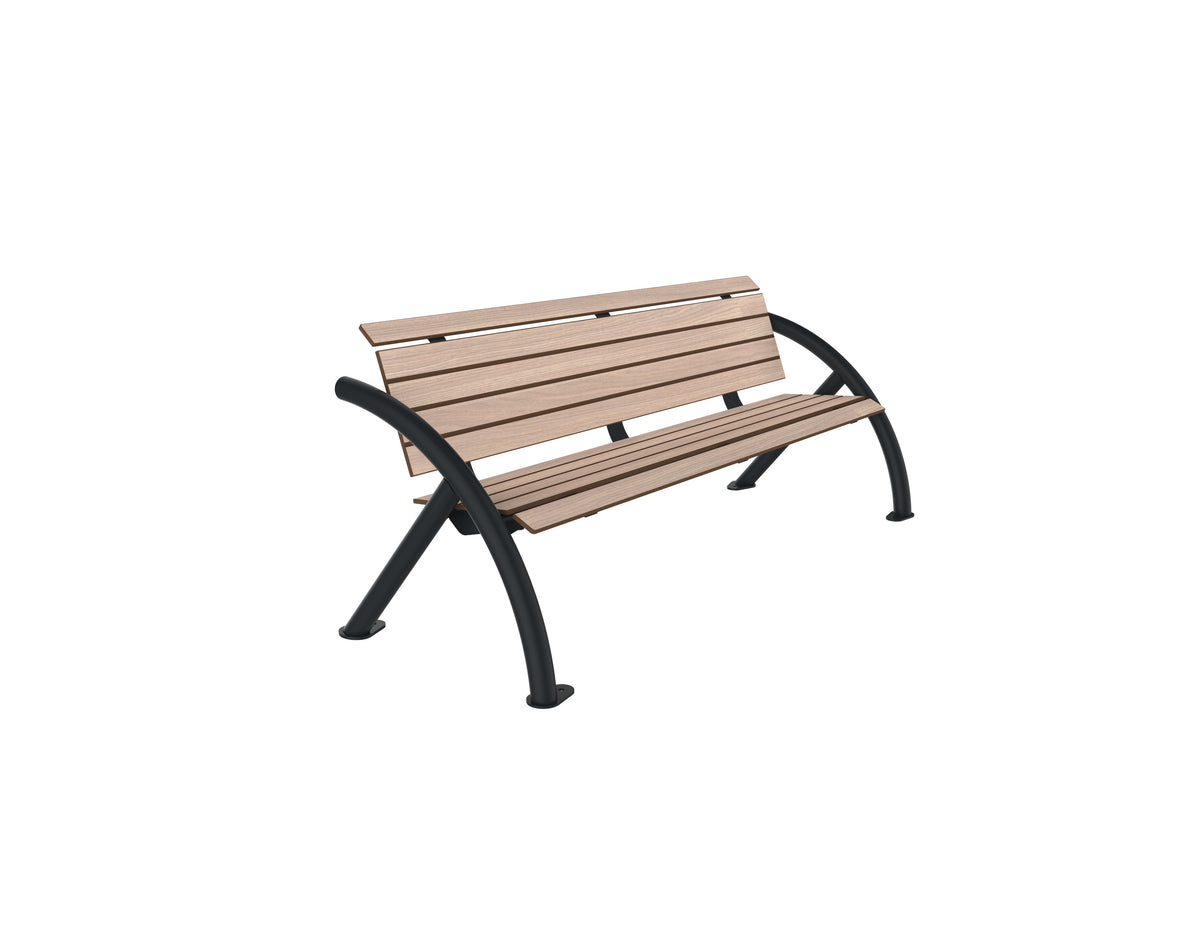 Banc urbain Sydney en compact effet lames aspect chêne clair, assise ergonomique