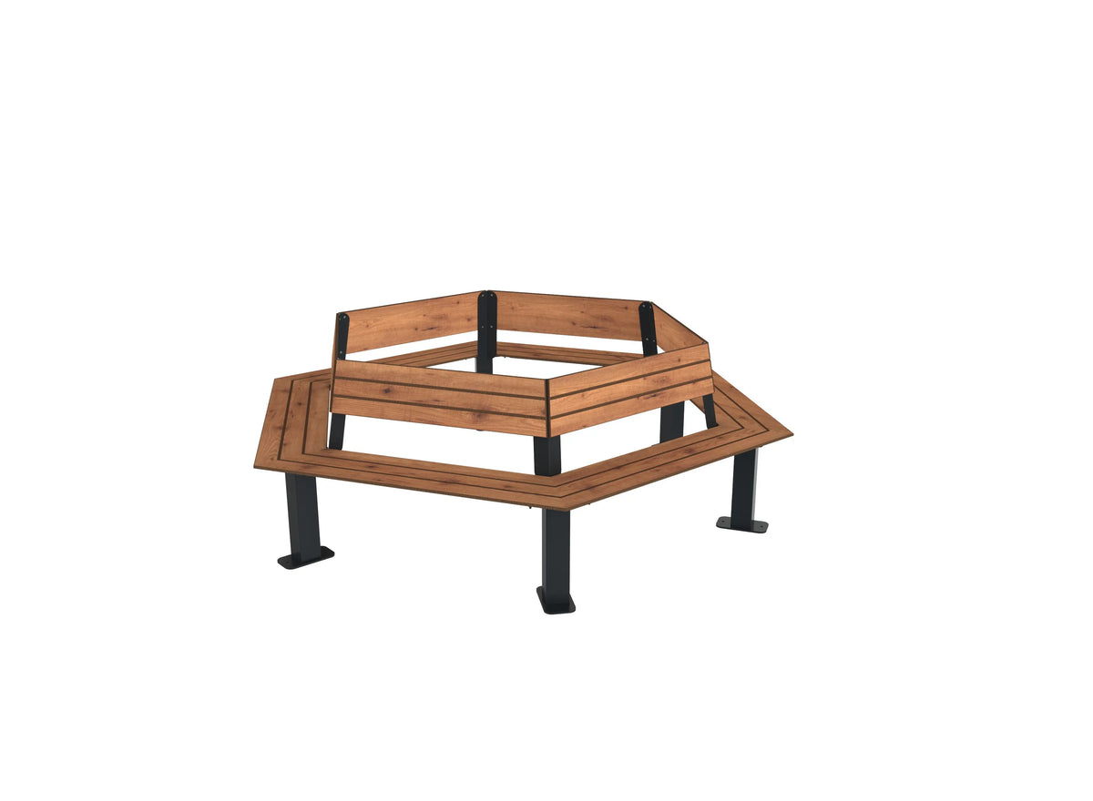 Banc Madrid autour d'un arbre, compact aspect pin tyrol, acier RAL 7016