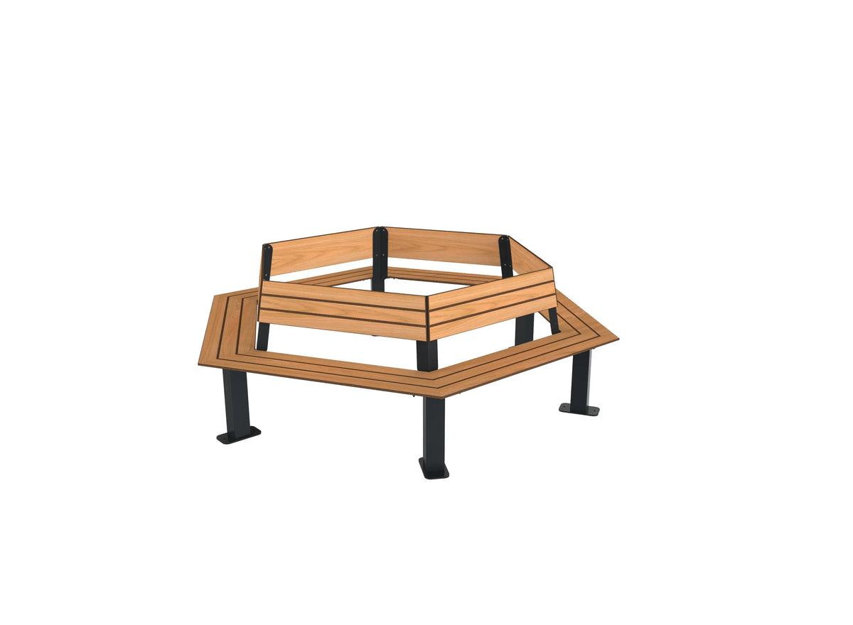 Banc Buton Madrid 6 places tour d'arbre en compact HPL teck