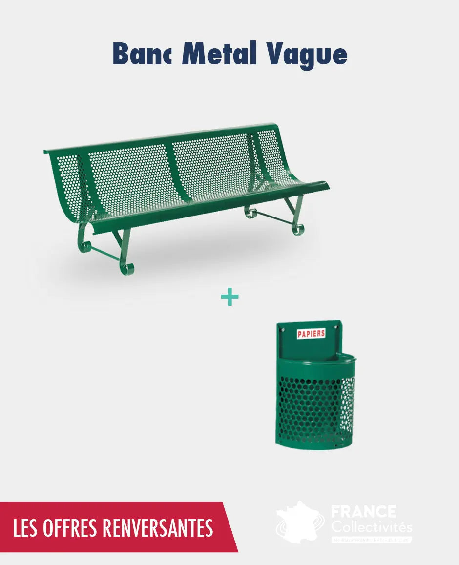 Promo 2 bancs métal vague + 1 corbeille france collectivités