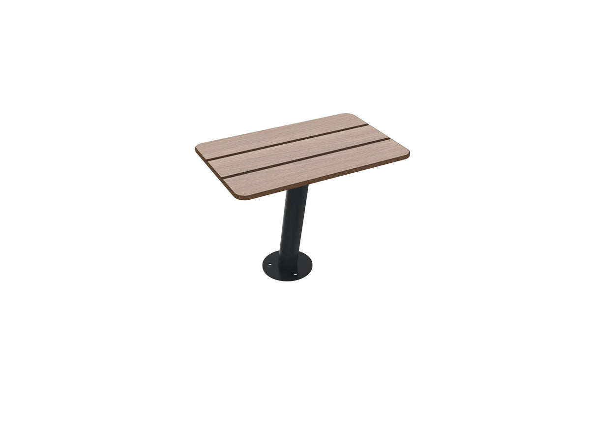 Banquette 1 place Nairobi sans dossier, compact HPL chêne clair et pied rond gris