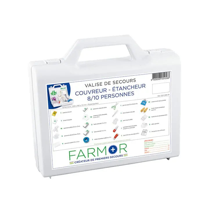 Valise de premiers secours Farmor Couvreur Étancheur 8/10 personnes en polypropylène blanc