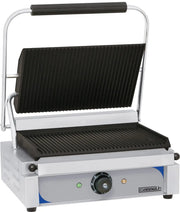 Grill panini professionnel en inox avec plaques rainurées en fonte, thermostat réglable jusqu’à 300°C pour cuisson rapide et homogène.
