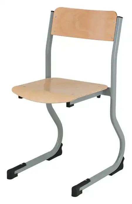 Chaise d'école CAT avec piètement époxy gris et dossier en hêtre vernis naturel