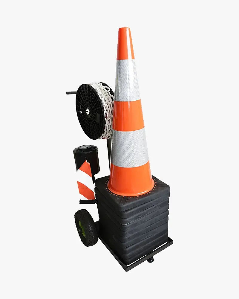 Chariot de transport pour cônes en acier noir à roues pneumatiques