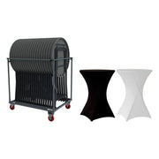 Chariot Cocktailtrolley chargé et mange-debout habillés de housses stretch noire et blanche