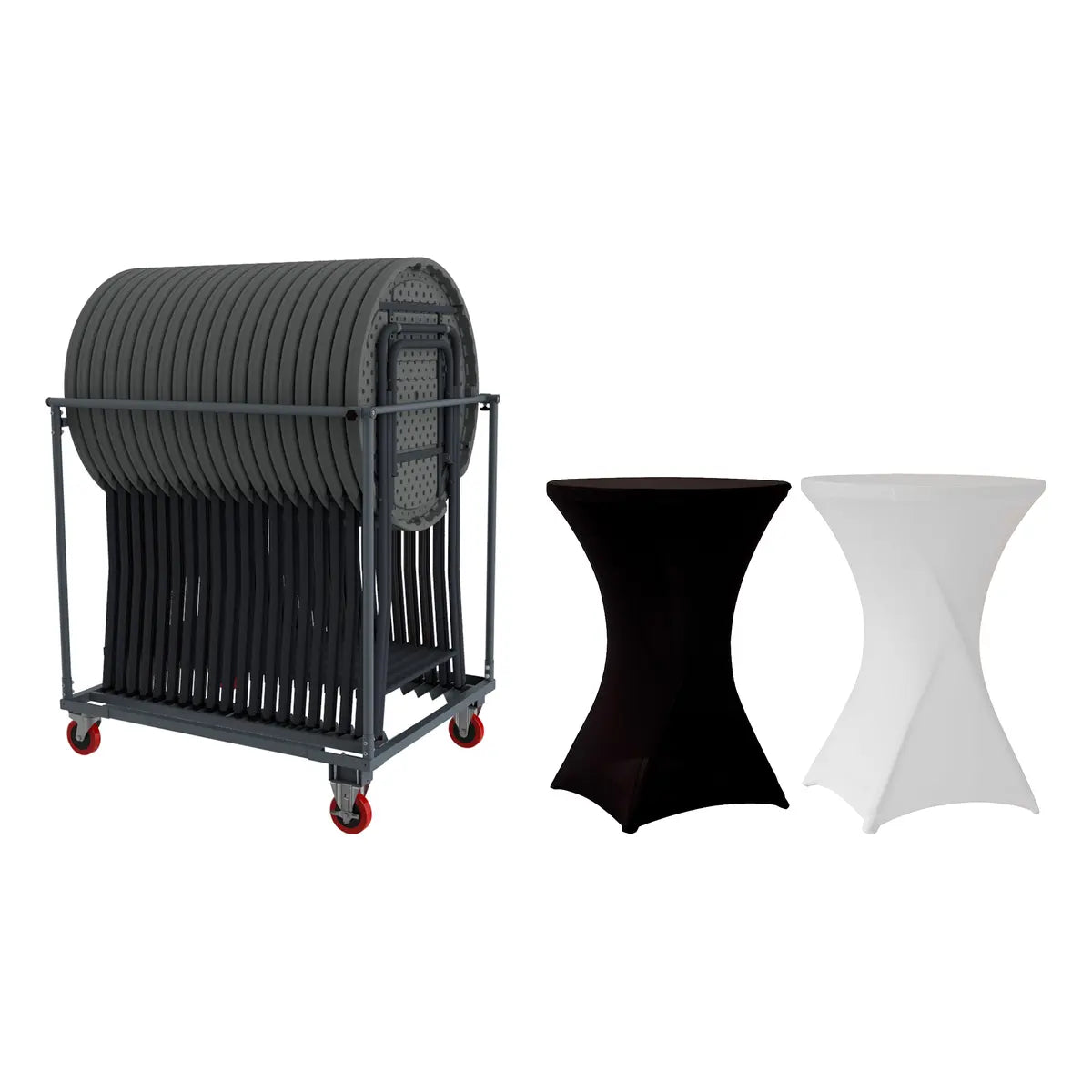 Chariot Cocktailtrolley chargé et mange-debout habillés de housses stretch noire et blanche