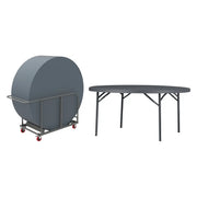 Tables rondes empilées sur le PlanetTrolley et table Ø 160 cm ouverte