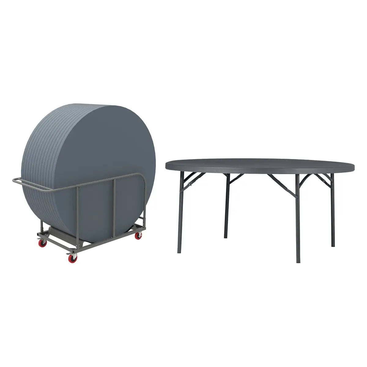 Tables rondes empilées sur le PlanetTrolley et table Ø 160 cm ouverte