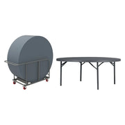 Chariot PlanetTrolley chargé de tables rondes et table ronde Ø 180 cm dépliée