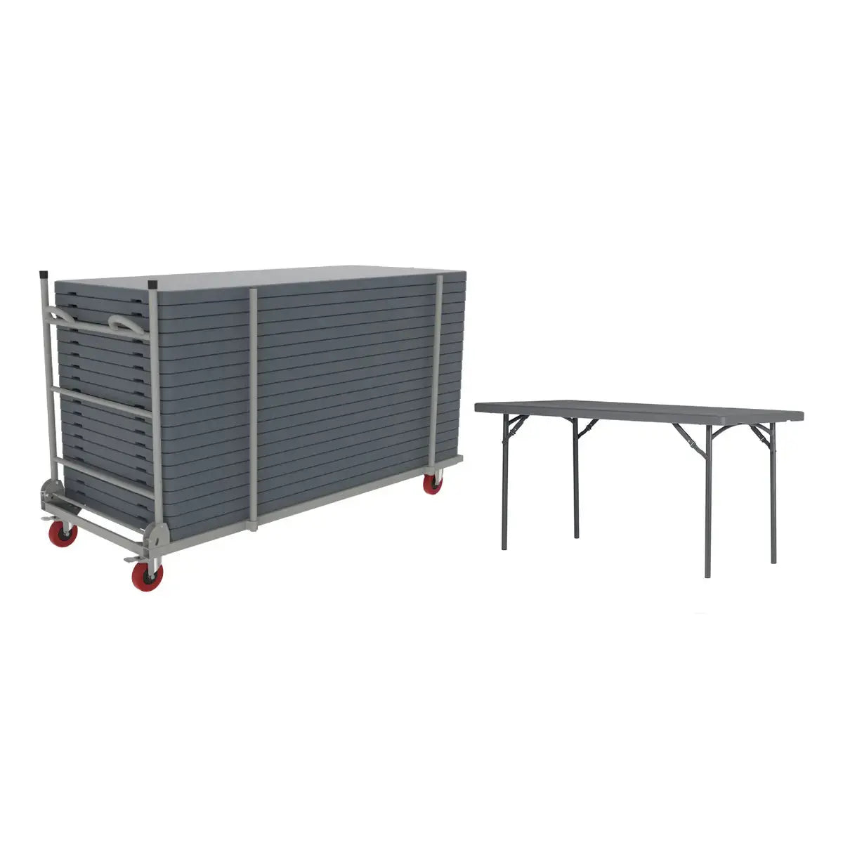 Chariot XLtrolley chargé et table pliante plastique 152 x 76 cm dépliée
