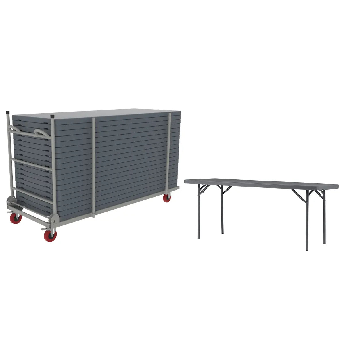 Chariot XLtrolley chargé de tables pliantes grises et table 183 cm dépliée