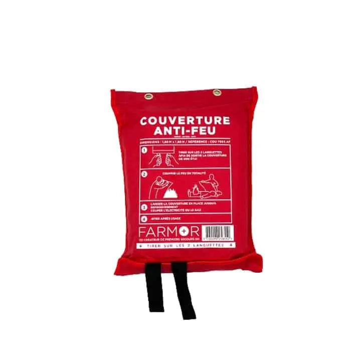 Couverture anti-feu Farmor COU 7055 AF 180 x 180 cm dans son étui tissu rouge avec poignées apparentes