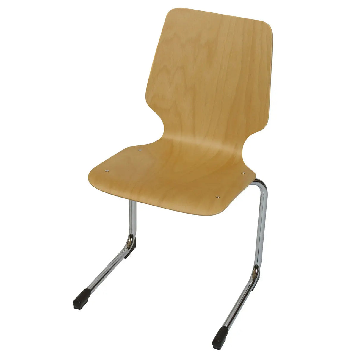 Chaise bois Desk-V de trois quarts, structure acier chromé appui sur table et coque hêtre