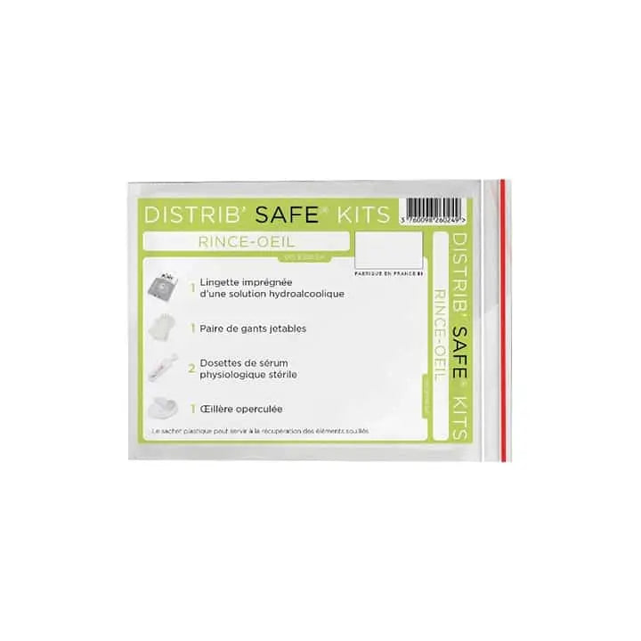 Kit rince-œil Farmor en sachet recyclable avec dosettes de sérum stérile, œillère et gants pour distributeur d'EPI