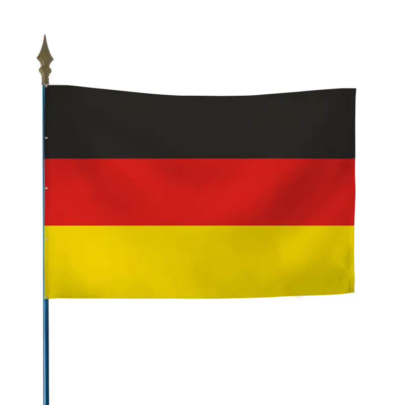 Drapeau allemand à trois bandes noire, rouge et or, fixé sur hampe en bois