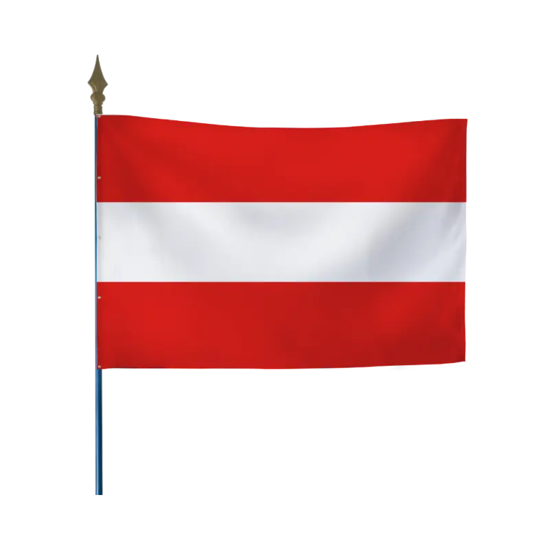 Drapeau autrichien rouge, blanc et rouge à bandes horizontales, fixé sur hampe en bois