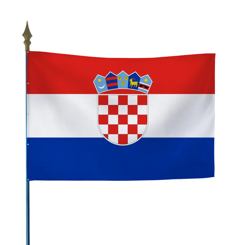 Drapeau croate rouge, blanc et bleu avec armoiries à damier, fixé sur hampe en bois