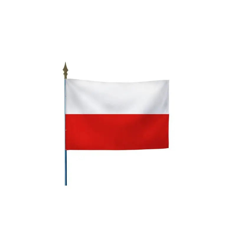 Drapeau polonais bicolore, bande blanche sur bande rouge, fixé sur hampe en bois