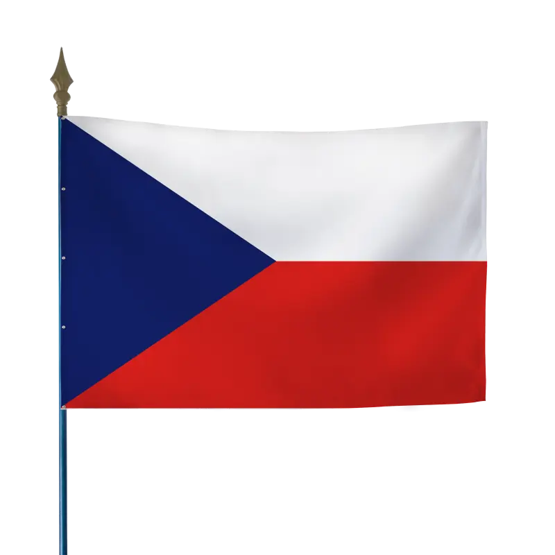 Drapeau tchèque blanc et rouge avec triangle bleu côté hampe, fixé sur hampe en bois
