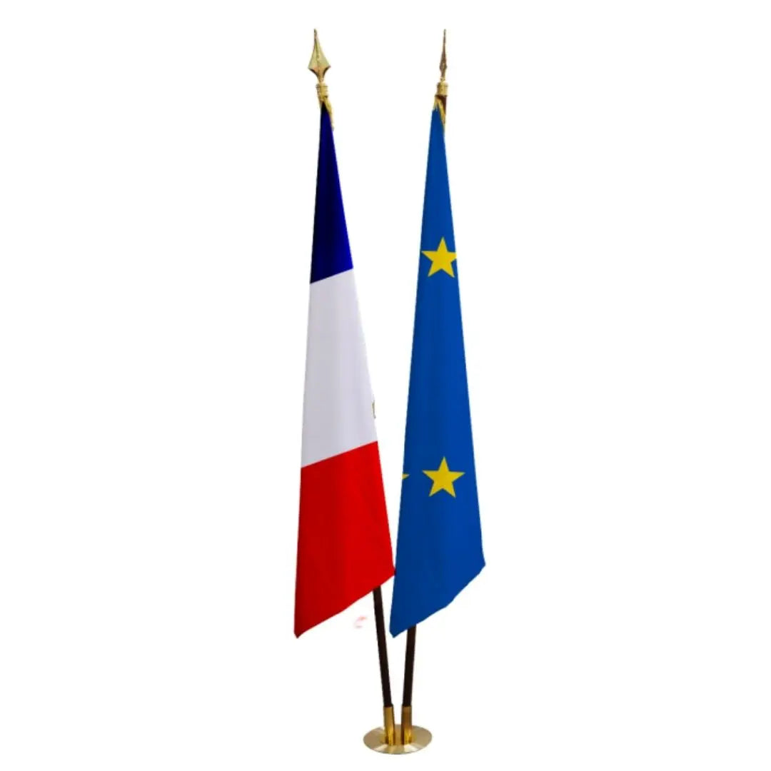 Lot de 2 drapeaux prestige France-Europe sans frange avec socle laiton 2 places france collectivités