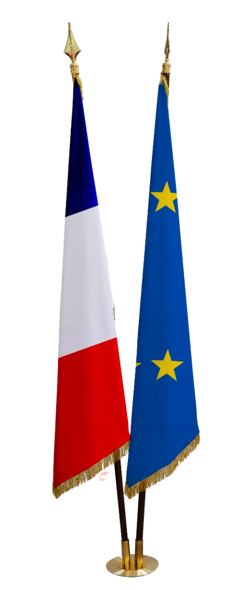 Lot de 2 drapeaux Prestige satin France-Europe avec franges et socle laiton 2 places france collectivités