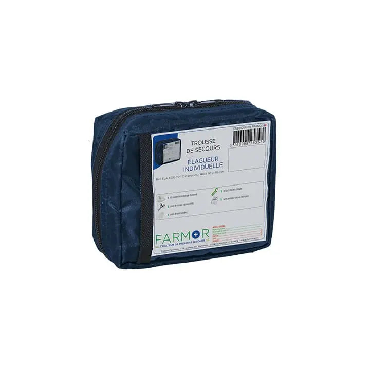 Trousse de secours individuelle Élagueur Farmor en tissu bleu avec coussin hémostatique et tire-tiques