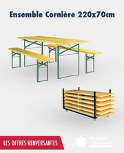 Promo 10 tables + 20 Bancs cornière 2.20 x 70 cm + 1 chariot france collectivités