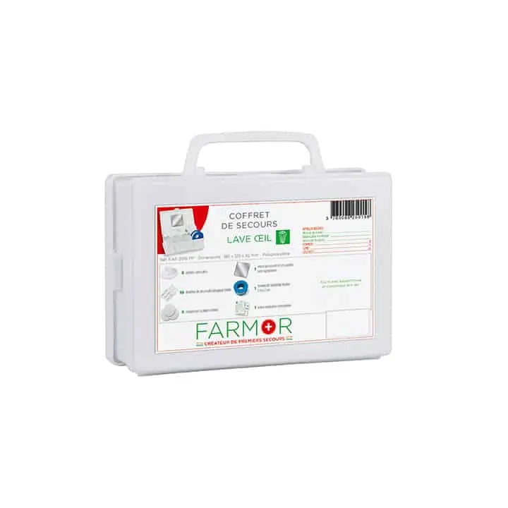 Coffret lave-œil individuel Farmor sans stylo, boîtier blanc mural avec dosettes de sérum physiologique et œillères