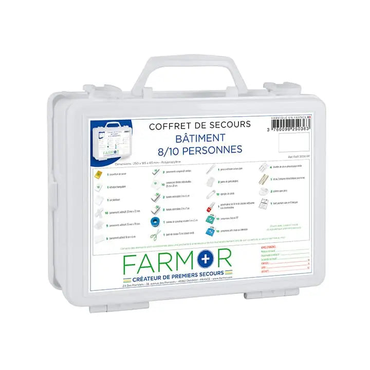 Coffret de secours Bâtiment 8/10 personnes Farmor en polypropylène blanc avec poignée et support mural