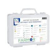 Coffret mural de premiers soins Bâtiment 15/20 personnes Farmor, boîtier compact blanc avec poignée