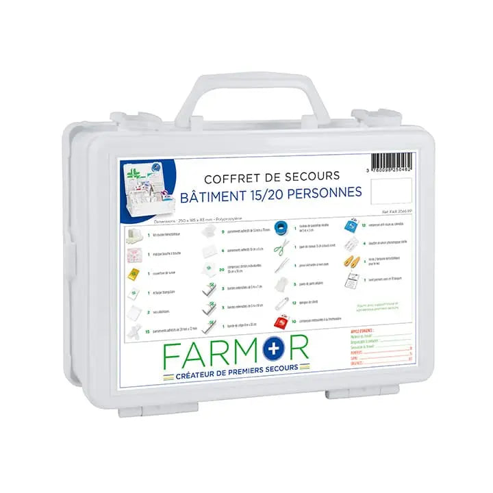Coffret mural de premiers soins Bâtiment 15/20 personnes Farmor, boîtier compact blanc avec poignée