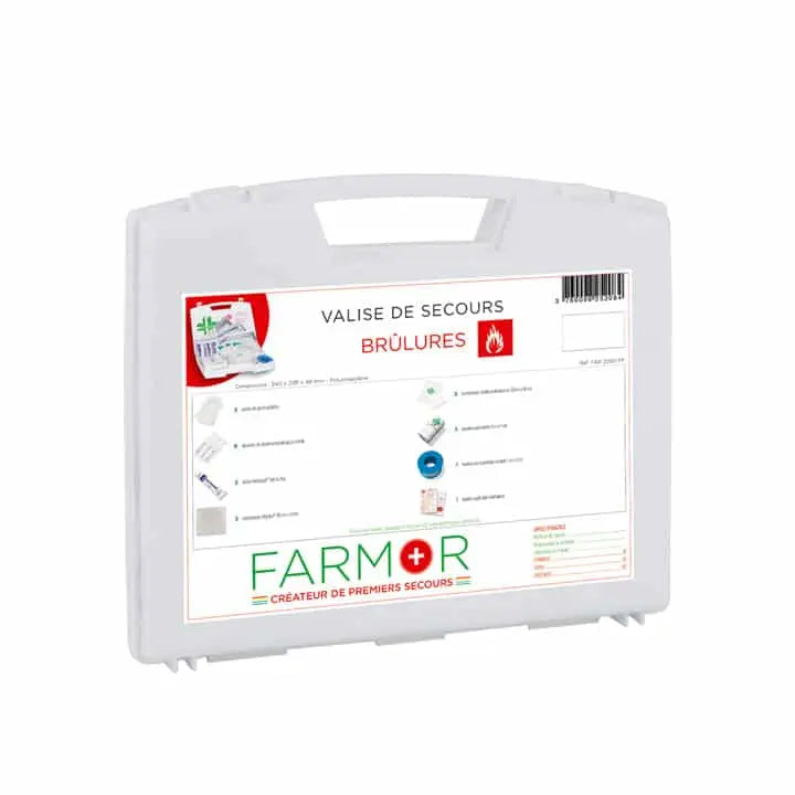 Valise de secours Brûlures thermiques Farmor en polypropylène blanc, gels hydrogel, compresses et bandes pour 3 soins