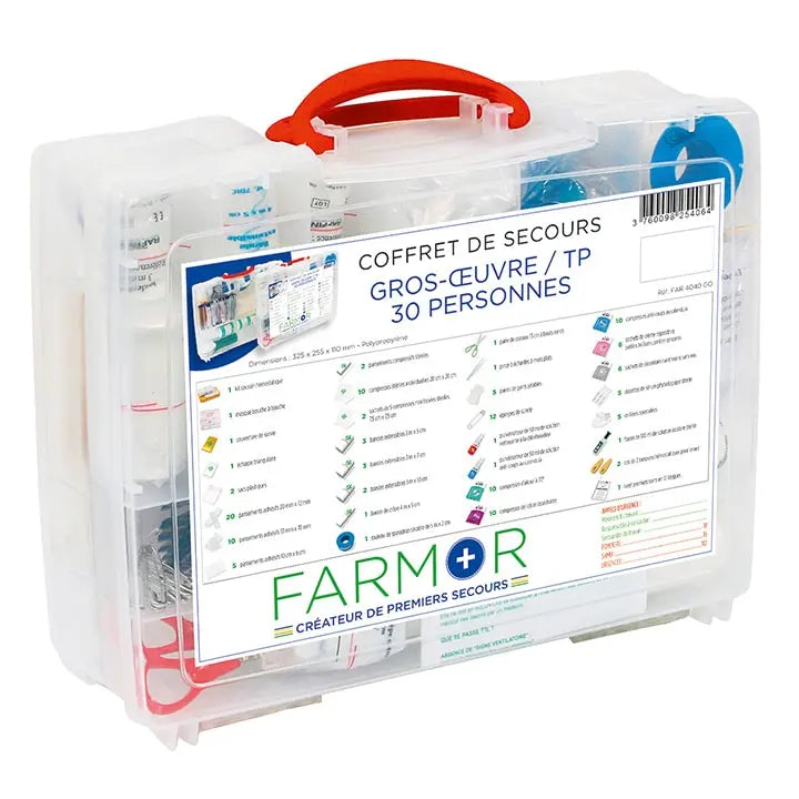 Coffret de secours Gros Œuvre et travaux publics 30 personnes Farmor, contenu complet visible