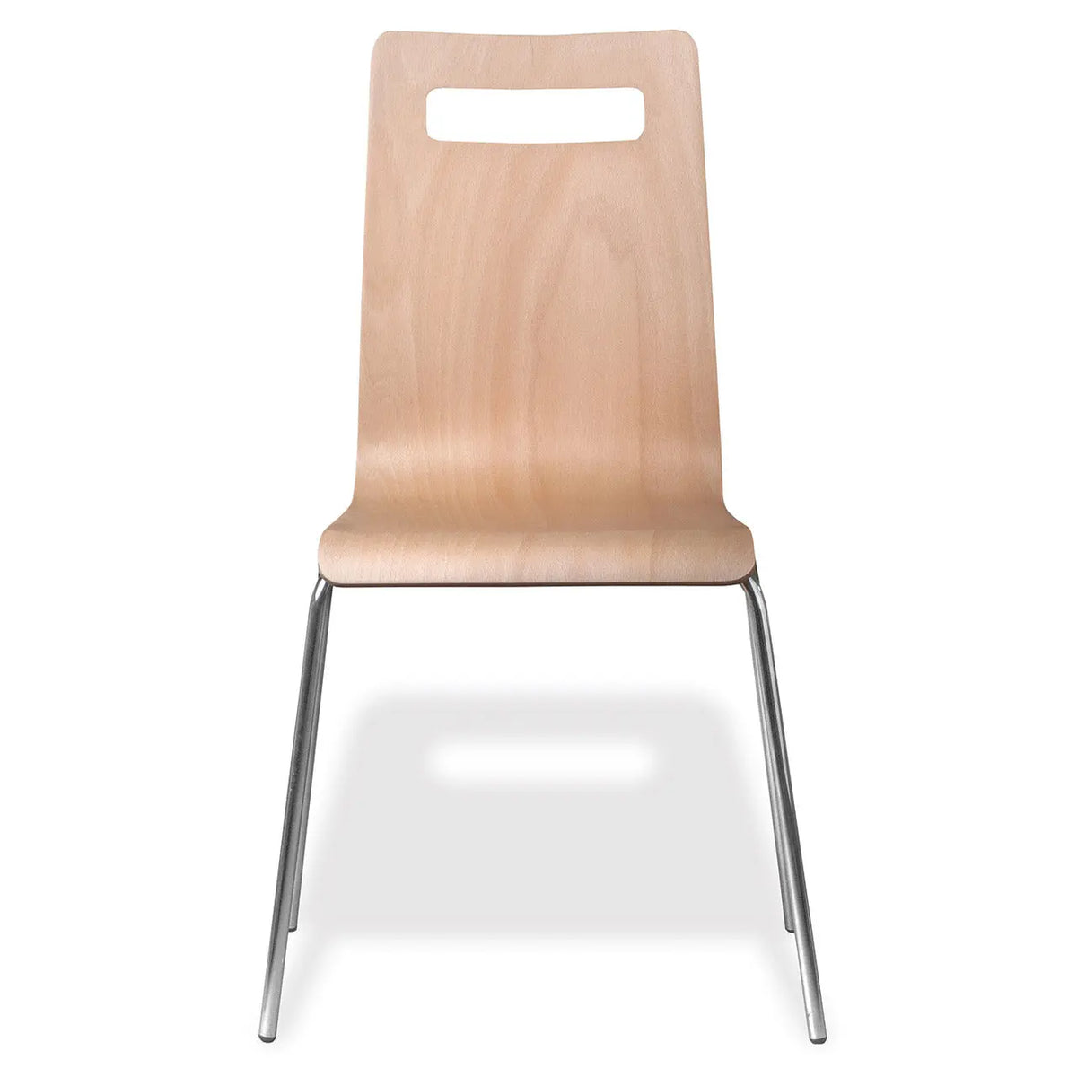 Chaise en bois Fima de face, dossier hêtre avec découpe de prise de main