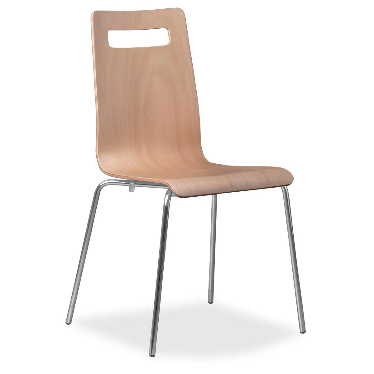 Chaise d'accueil Fima de trois quarts, coque hêtre et piètement chromé