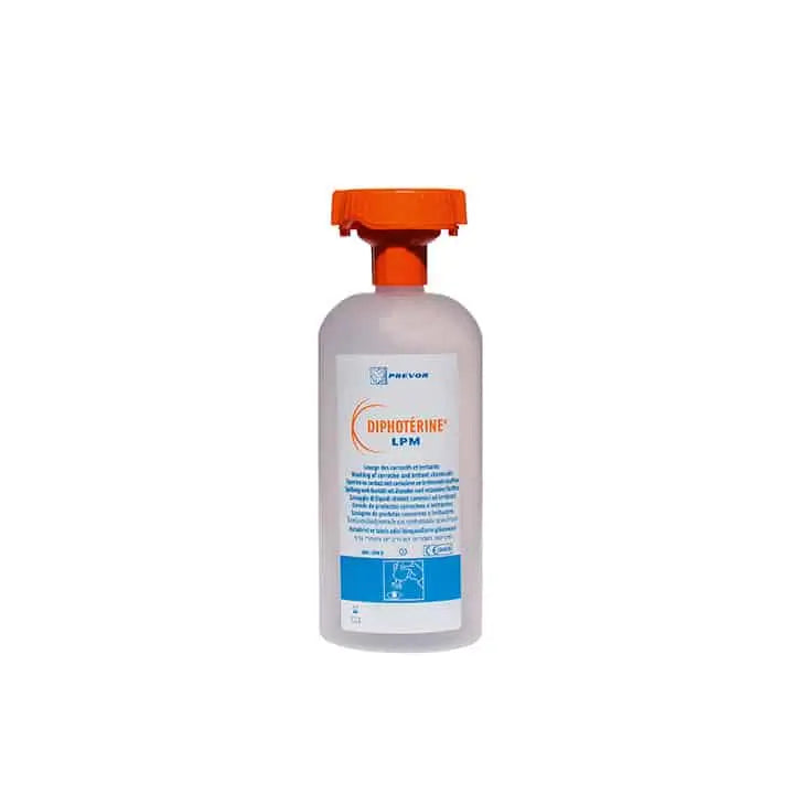 Flacon de 500 ml de Diphotérine avec œillère ergonomique pour lavage oculaire des projections chimiques, gamme Farmor
