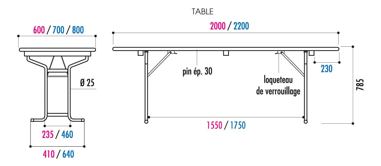 Table bois pliante tubulaire 220 x 80 cm - France Collectivités
