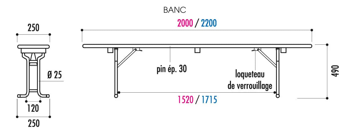 Banc bois tubulaire pliant 220 x 25 cm - France Collectivités