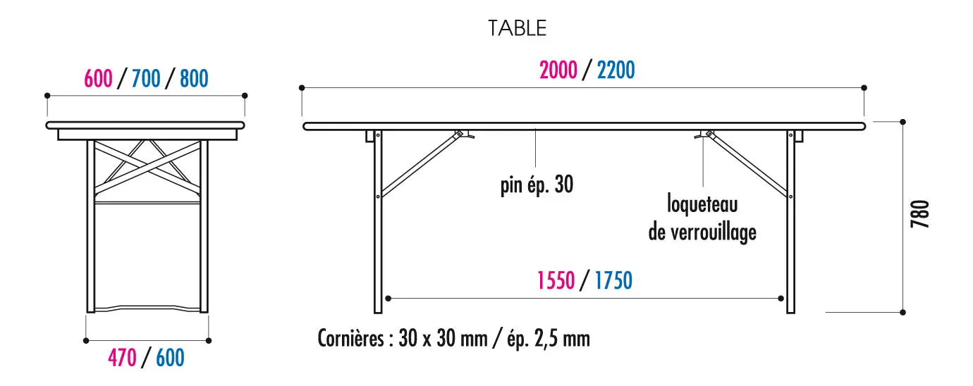 Table pliante bois cornière 220 x 60 cm - France Collectivités
