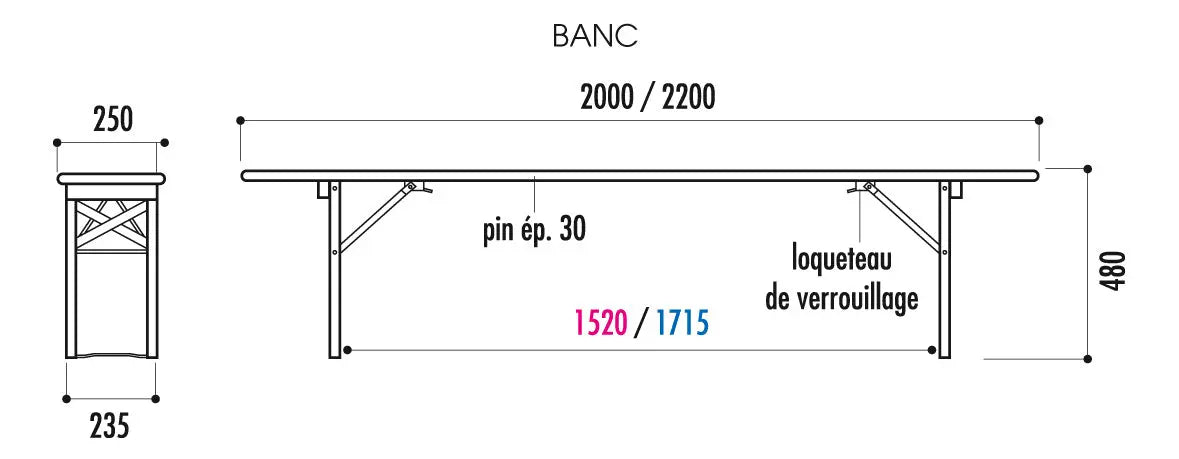 Banc bois cornière pliant 220 x 25 cm - France Collectivités
