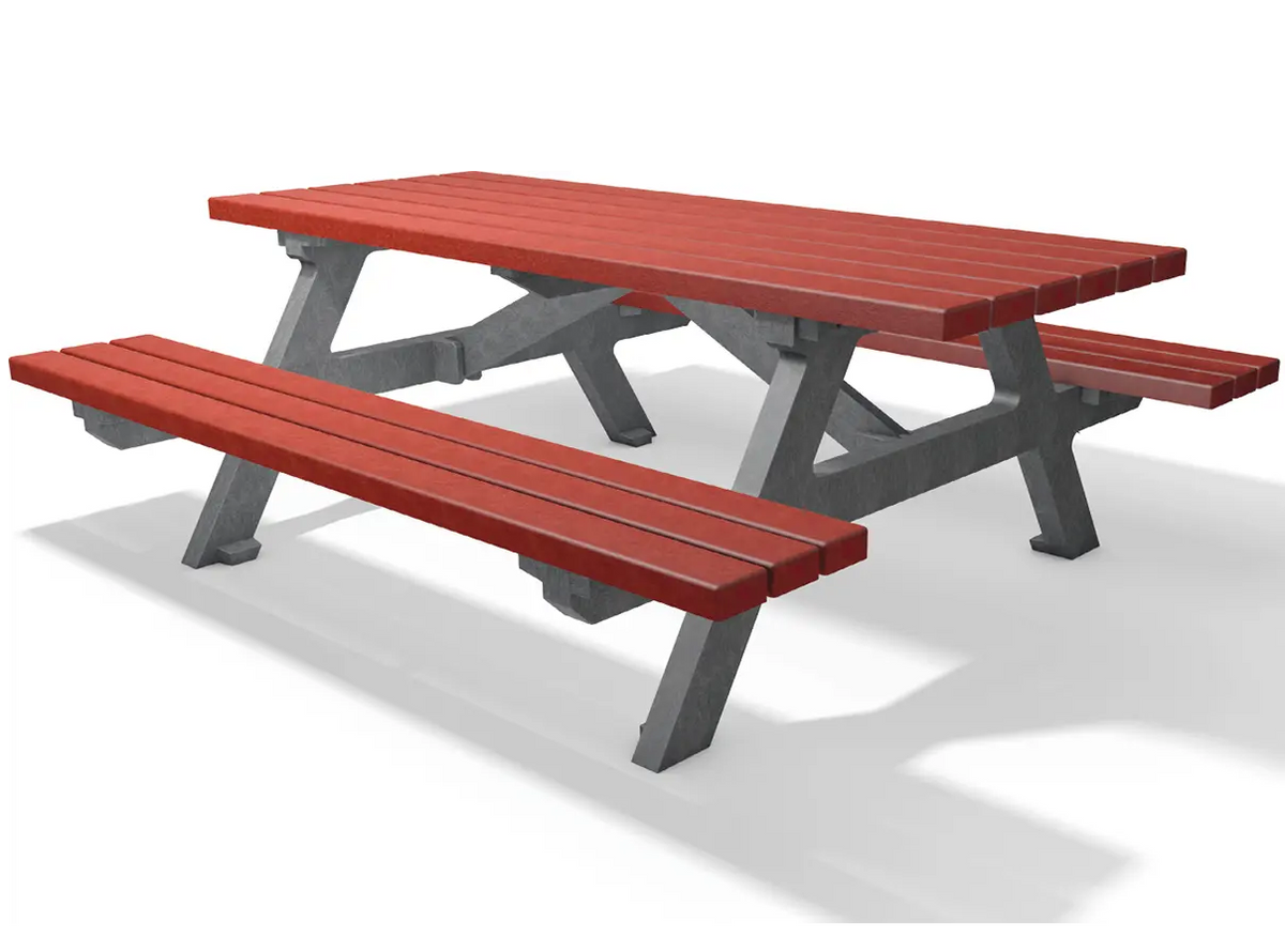 Table Serengeti gris-rouge en plastique recyclé, rendu Hanit – France Collectivités