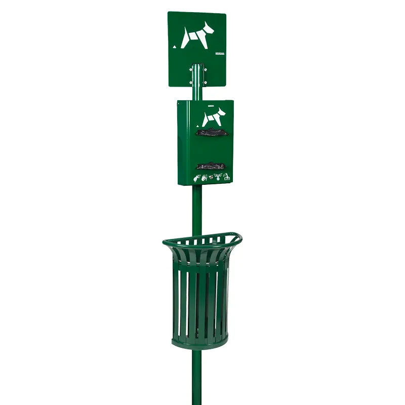 Borne hygiène canine Hygeca 400 sacs / 2 rouleaux avec corbeille demi ronde en métal Tulipe 35L. Coloris vert mousse.