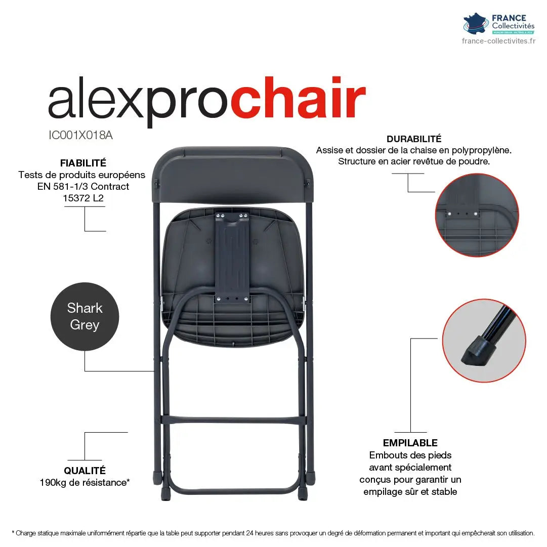 Infographie chaise pliante Alex Pro Shark Grey : polypropylène et acier, normes EN 581 et EN 15372 L2, 190 kg, empilable – Zown Alexprochair