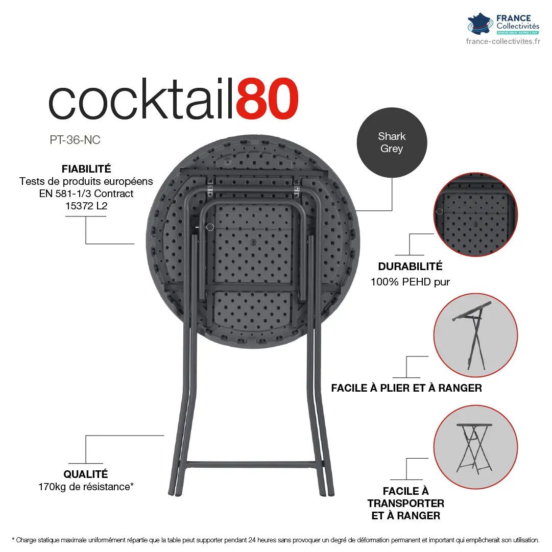 Fiche technique du mange-debout pliant Ø 80 cm : PEHD, 170 kg de résistance