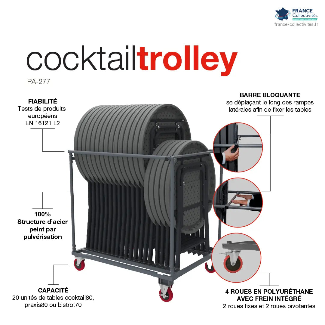 Fiche technique du chariot Cocktailtrolley : capacité 20 tables, barre bloquante