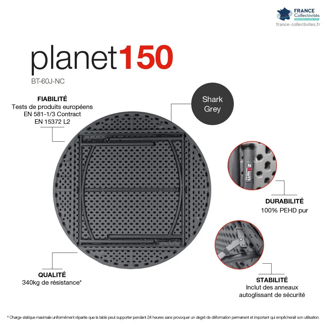 Infographie de la table ronde de banquet Ø 152 cm, 8 convives, 340 kg, anneaux de sécurité