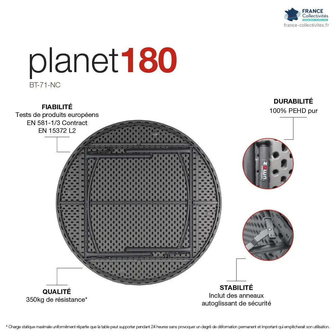 Table ronde pliante Ø 180 cm pour 10 personnes : 350 kg de résistance, plateau PEHD, normes européennes